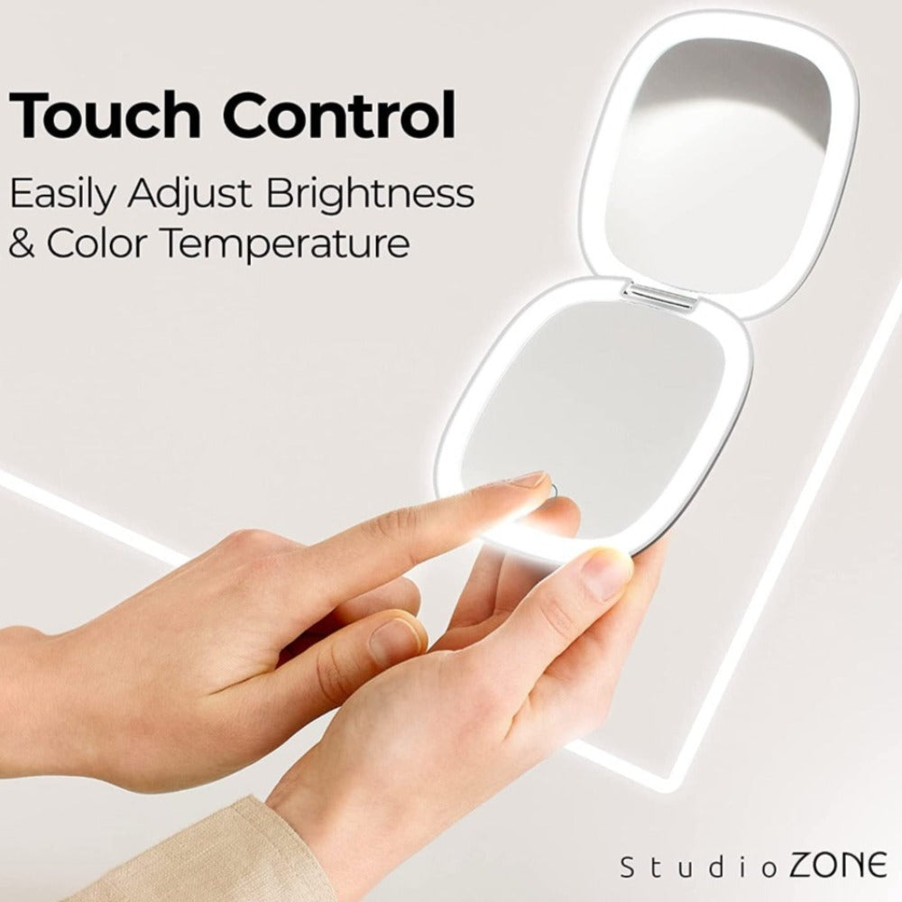 StudioZONE Compact Mirror with Light – Travel Magnifying Mirror - 10X Magnifying Mirror for Purses – USB Rechargeable with 3 Color LED Compact Mirror 